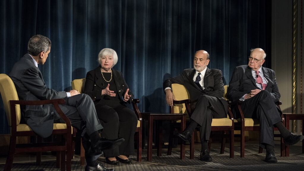 Janet Yellen, chair of the Federal Reserve, second left, speaks as Ben Bernanke, former Fed chair, second right, Paul Volcker, another former Fed chair, right, and Fareed Zakaria, CNN anchor, left, listen during the Historic Fed Chair Conversation in New York. Photograph: Bloomberg