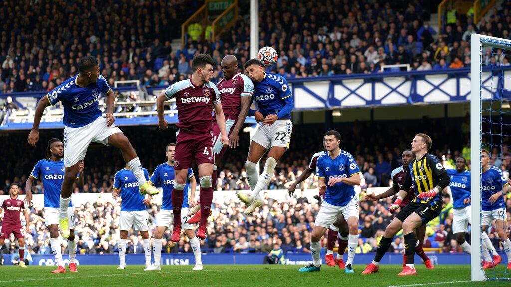 West Ham United’s Angelo Ogbonna (centre) scores the game’s only goal at Goodison Park. Photograph: Peter Byrne/PA