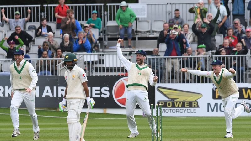 Ireland’s players react as Pakistan’s Asda Shafiq loses his wicket. Photograph: Clodagh Kilcoyne/Reuters
