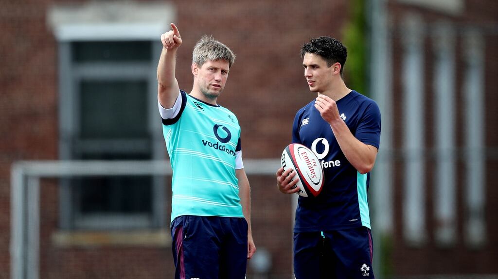 Ronan O’Gara with Joey Carbery during a training session in Hoboken, New Jersey. Photograph: Ryan Byrne/Inpho