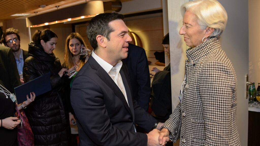Greek prime minister Alexis Tsipras with Christine Lagarde, managing director of the IMF, at a bilateral meeting in Davos. Photograph: Jean-Christophe Bott/ EPA