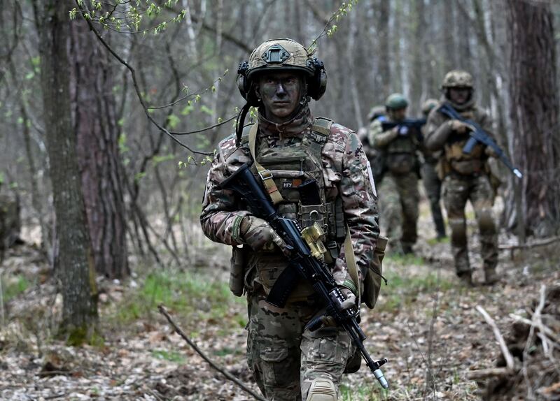 Servicemen belonging to the Ukrainian storm brigade Bureviy take part in military exercises outside Kyiv. Photograph: Sergei Supinsky/AFP via Getty Images