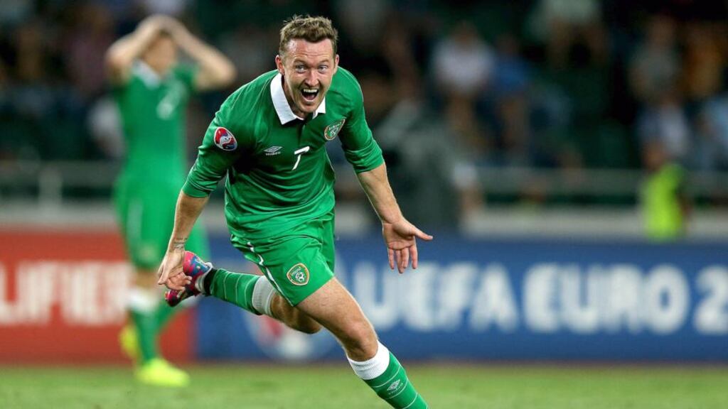 Aiden McGeady celebrates his late winner last night. “If my career finished now, I could look back happily on it. But you always want to do better.” Photograph: INPHO/Donall Farmer.