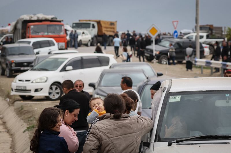 Refugees crossing the border from Nagorno-Karabakh into Armenia in the wake of the Azerbaijani attack last week. Photograph: Alain Jocard/AFP