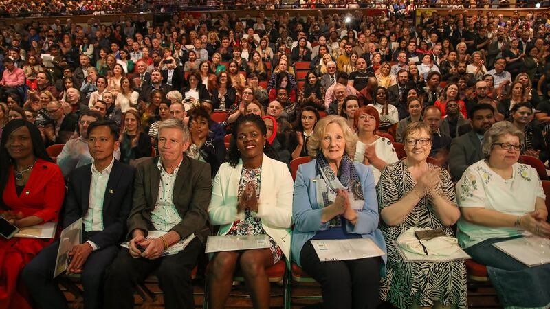 The Minister for Justice and Equality, Charlie Flanagan, congratulates the 2,400 new Irish citizens in three citizenship ceremonies held at the Killarney Convention Centre, Co Kerry. Photograph: Valerie O’Sullivan