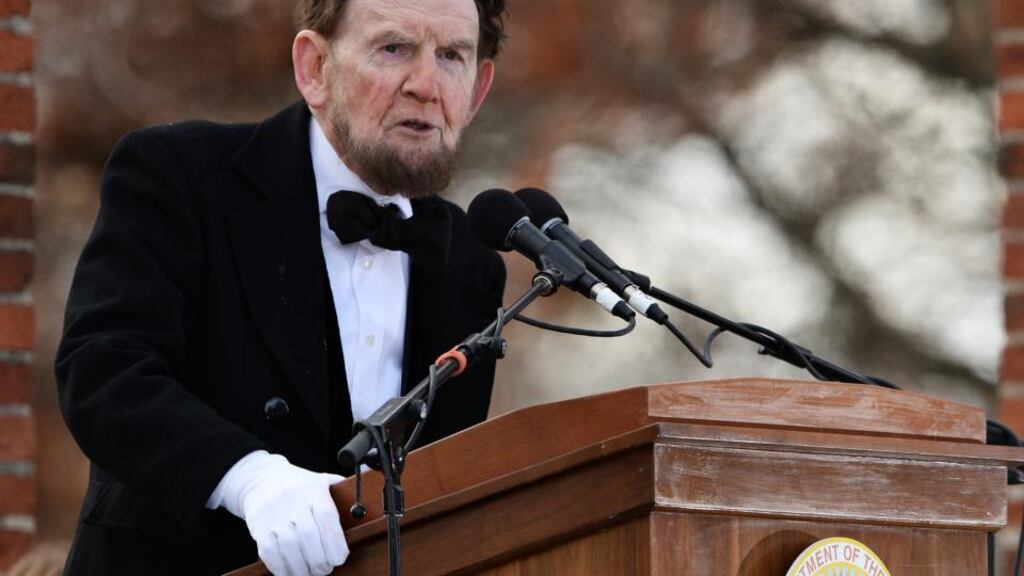 Portraying former US president Abraham Lincoln, James Getty recites the Gettysburg Address during a commemoration of its 150th anniversary at the Soldiers’ National Cemetery in Gettysburg, Pennsylvania yesterday. Photograph: Patrick Smith/Getty Images
