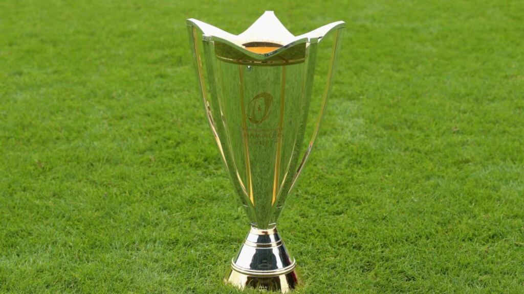 A close-up of the European Rugby Champions Cup trophy. Photograph:  Andrew Redington/Getty Images