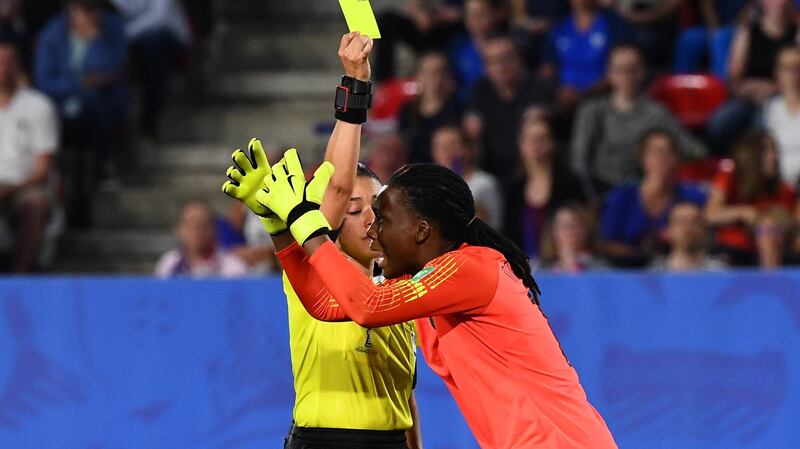 Nigeria’s goalkeeper Chiamaka Nnadozie is shown a controversial yellow card after saving a penalty against France. Photograph: Franck Fife/AFP/Getty
