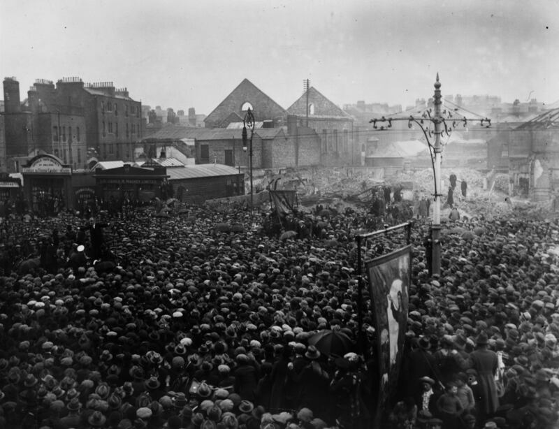 May 1923: Jim Larkin speaking at a strike meeting in O'Connell Street, Dublin. Photograph: Walshe/Topical Press Agency/Getty
