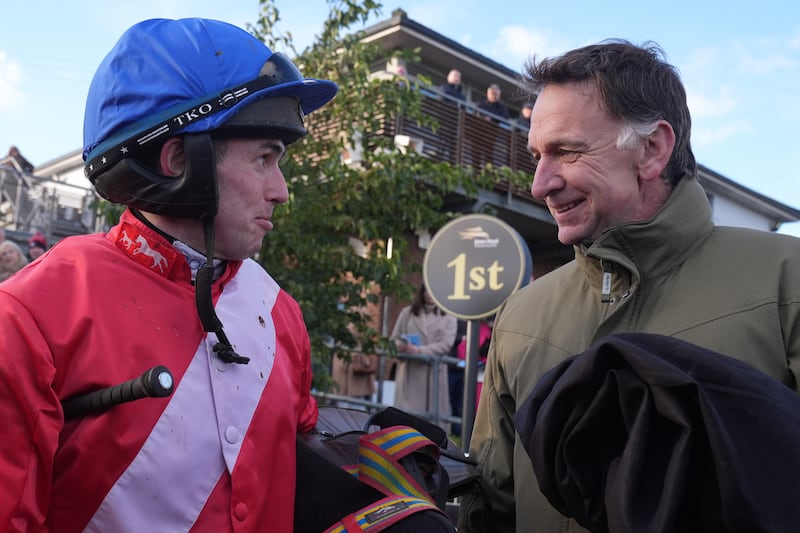 Jockey Darragh O’Keeffe with trainer Henry de Bromhead after winning the BetVictor Champion Chase on Envoi Allen at Down Royal last weekend. Photograph: PA