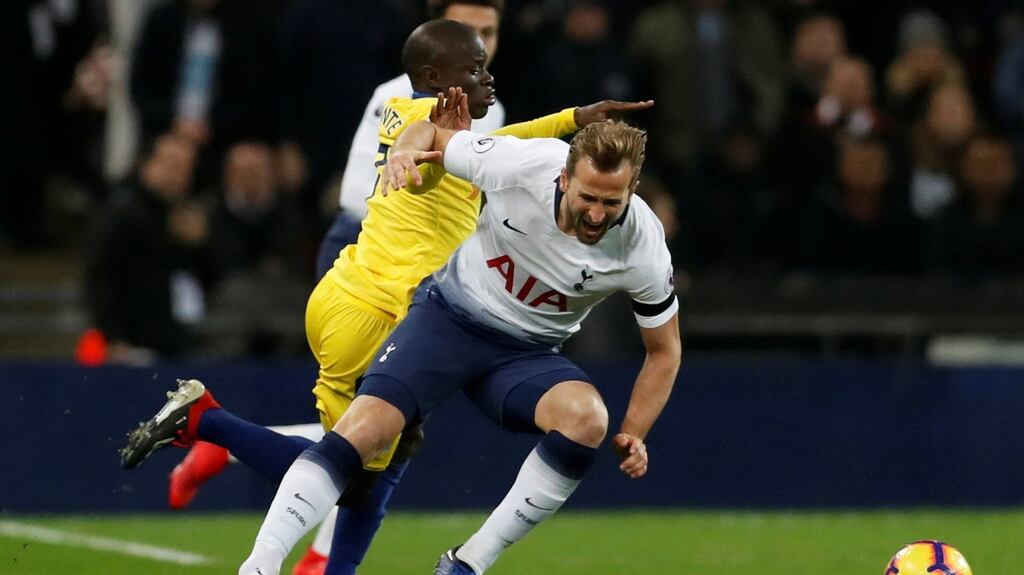 Chelsea’s N’Golo Kante challenges Harry Kane during Tottenham’s 3-1 last weekend. Photograph: Matthew Childs/Rueters