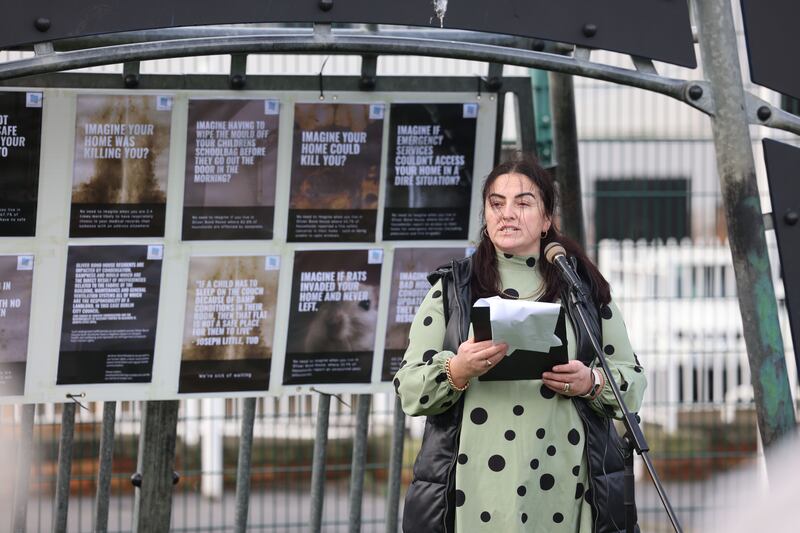 Gayle Cullen Doyle, chairperson of the residents' group at Oliver Bond House, speaking at the launch of the Report on Respiratory Health Among Residents of Oliver Bond House developed by TCD School of Medicine, in partnership with Robert Emmet Community Development Project. Photograph: Dara Mac Dónaill/The Irish Times