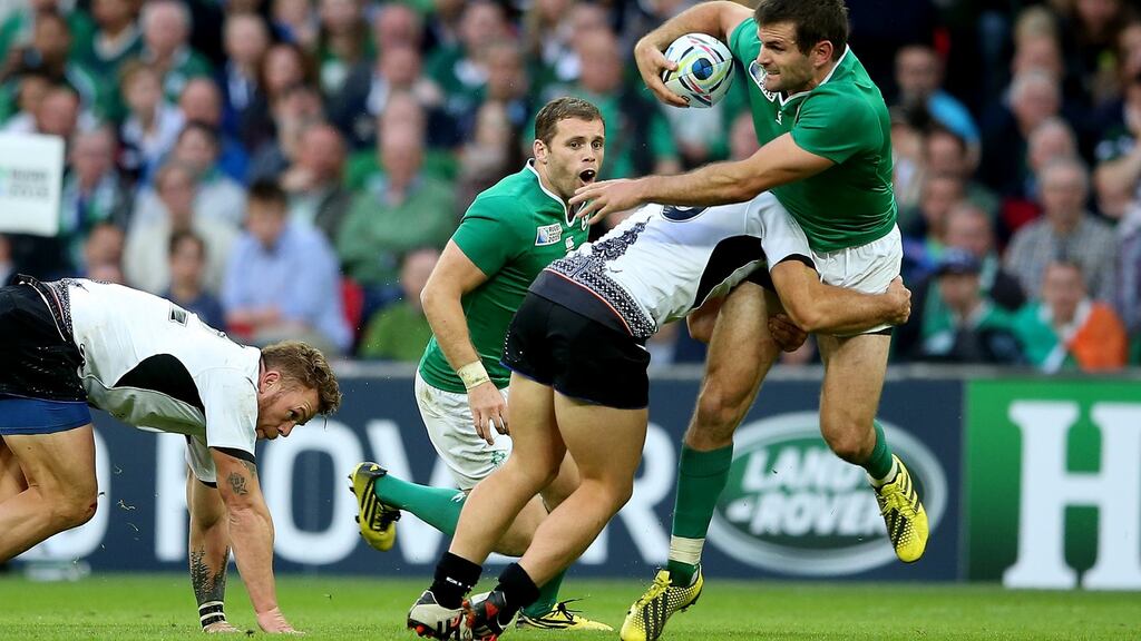 Ireland centre Jared Payne in action against Romania at Wembley. “He is probably one of the best passers of the ball in the squad,” says Tommy Bowe. Photograph: James Crombie/Inpho