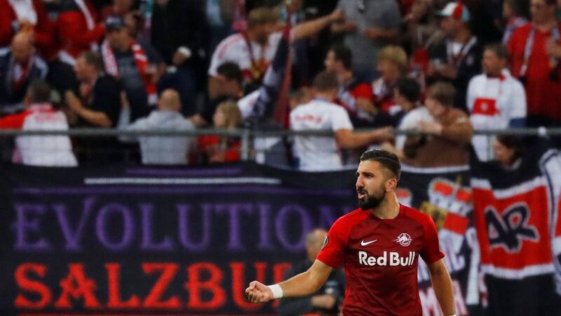 Red Bull Salzburg’s Munas Dabbur celebrates scoring their first goal in the Europa League game against Celtic at the Red Bull Arena. Photograph: Leonhard Foeger/Reuters