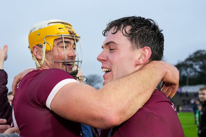 Barry O'Connor and Philip Dempsey of St Martin's celebrate. Photograph: James Lawlor/Inpho