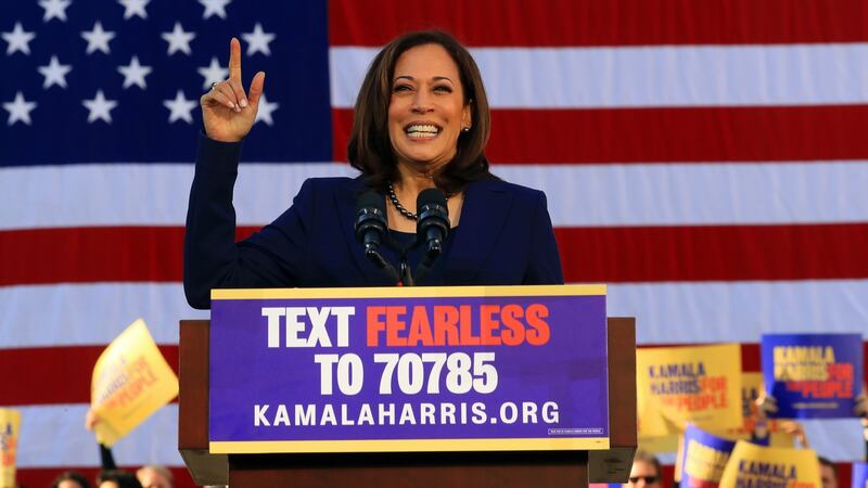 Senator Kamala Harris of California kicking off her 2020 Democratic presidential campaign at an outdoor rally in downtown Oakland. Photograph: Jim Wilson/The New York Times