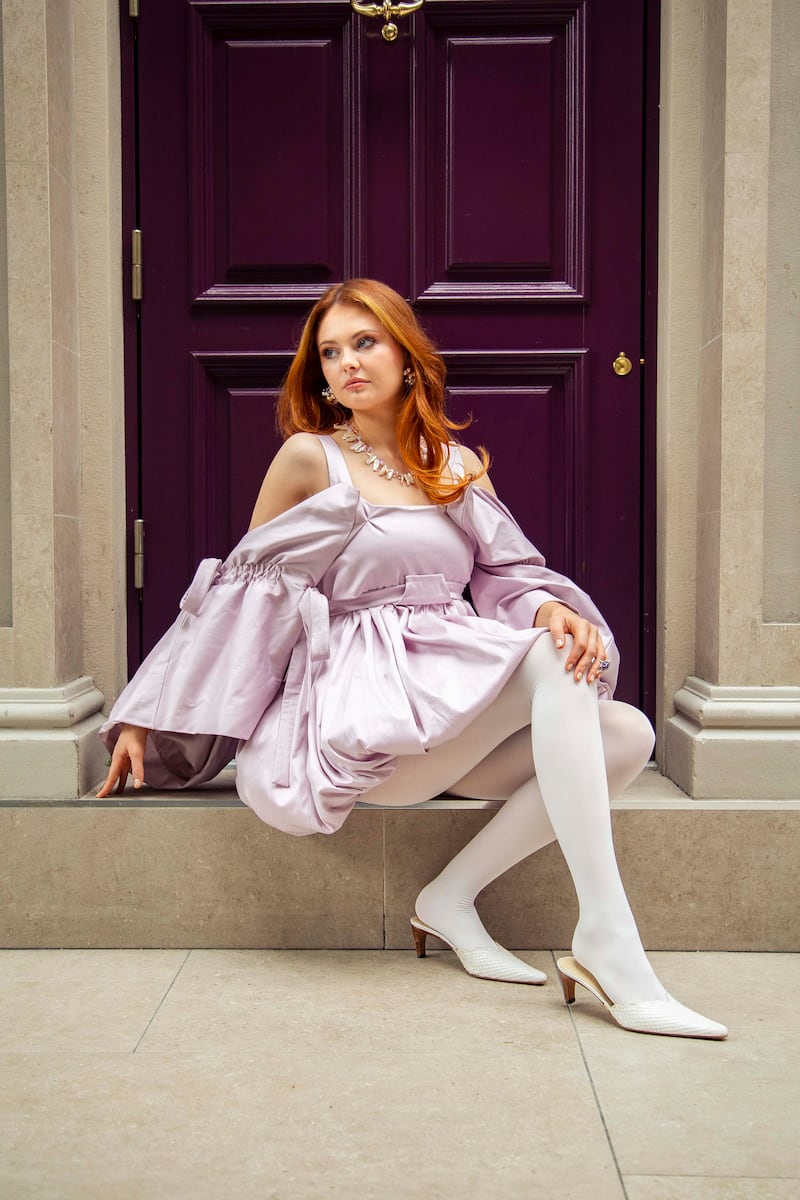 Lavender silk bubble hem dress €440 by Laura Murray, vintage faux pearl earrings €38 and vintage keshi pearl necklace €55 both by Nobody's Empire. Gemstone and wire rings €25 each by Wicca, vintage white leather pointed mules €45 by Nobody's Empire, white opaque tights €13 from Tights Department, St Stephen's Green Centre. Photograph: Mark Hill