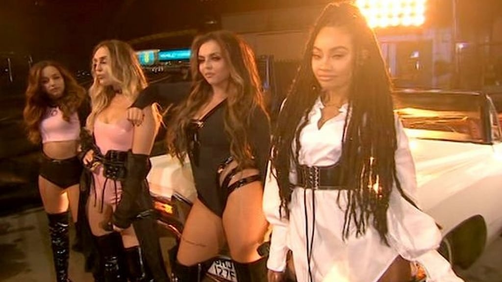 Perrie Edwards, Jesy Nelson, Jade Thirlwall and Leigh-Anne Pinnock of Little Mix on Sunday night’s X-Factor. Screengrab: ITV