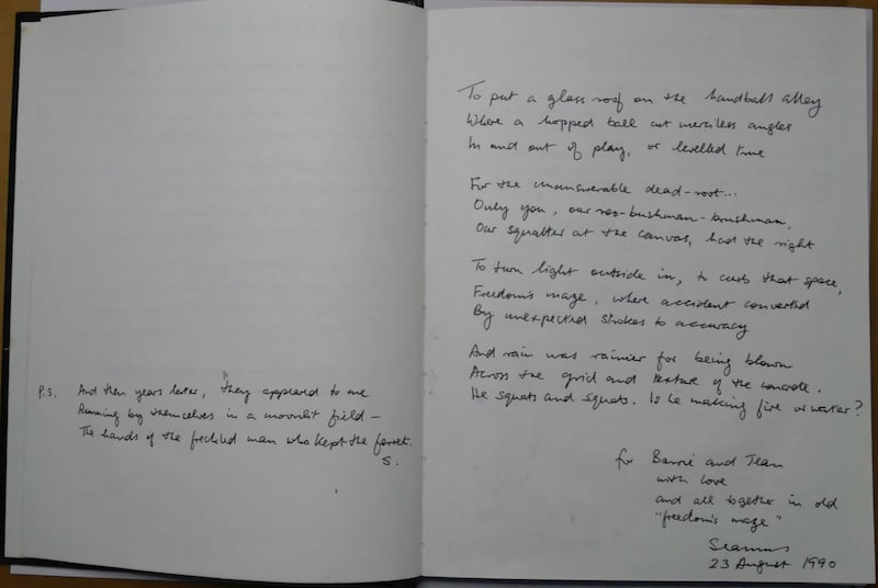 Two poems by Seamus Heaney inscribed in the guest book of Barrie Cooke