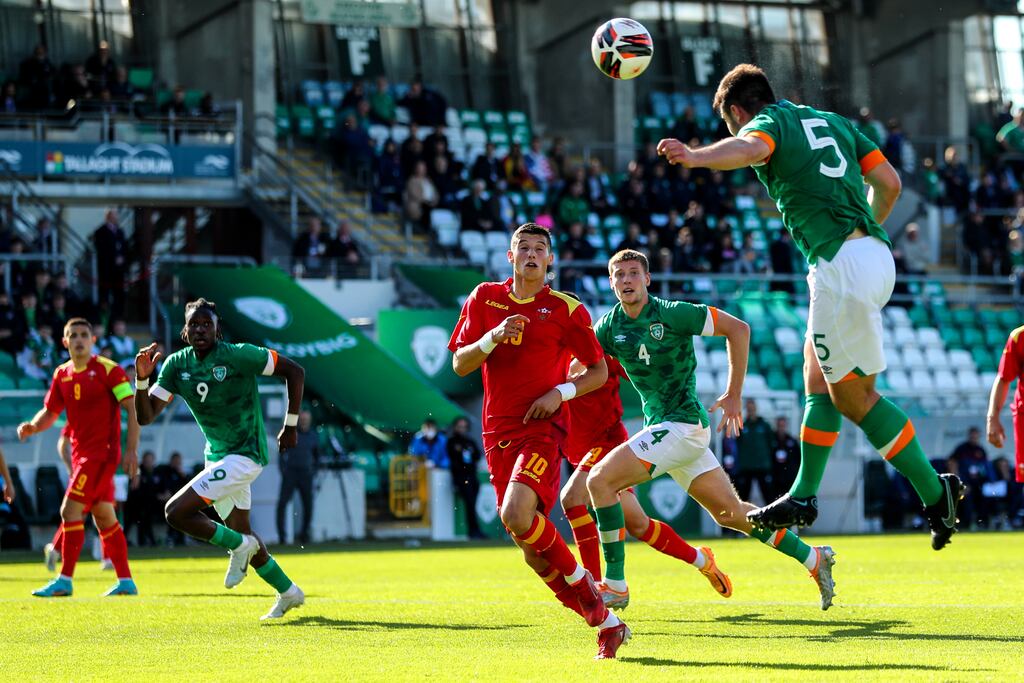 Eiran Cashin sets up Liam Kerrigan's goal for the Republic of Ireland during the 3-1 victory over Montenegro in the under 21 European Championship qualifier at Tallaght Stadium. Photograph: Ben Brady/Inpho