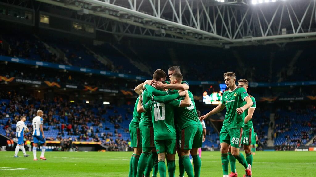 Wolves players celebrate Matt Doherty’s goal in Catalonia. Photograph: Getty Images