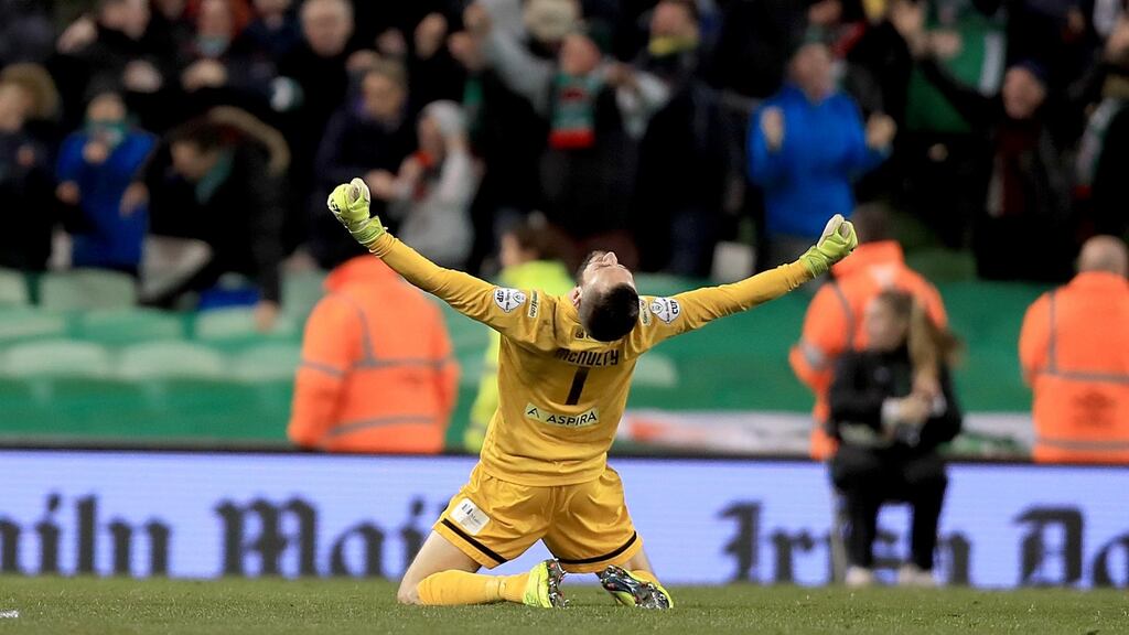 Cork City goalkeeper Mark McNulty celebrates Seán Maguire’s winner in last Sunday’s cup final against Dundalk. Photograph: Donall Farmer/Inpho