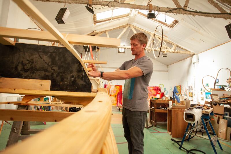 Mark Redden with An Mór Ríoghain, which connects to ideas of reuse and repair. Photograph: Gaile Martin