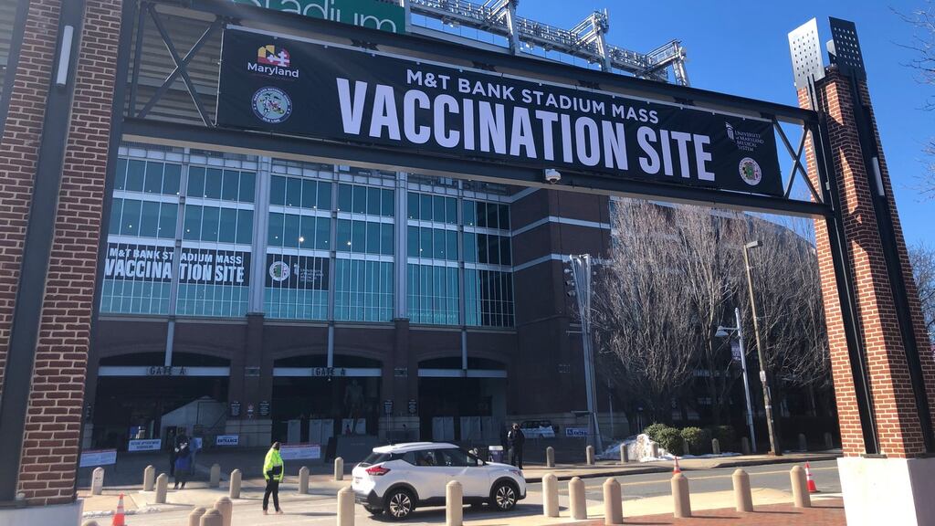 The M&T Bank Stadium in Baltimore, home of the Baltimore Ravens NFL team, last week became the state’s third mass vaccination site. Photograph: Suzanne Lynch