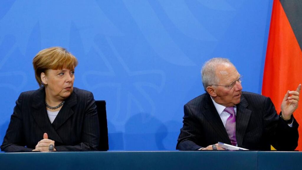 German chancellor Angela Merkel and finance minister Wolfgang Schaeuble have been speaking about claims of US spying on German interests after the arrest of a man on suspicion of working for a foreign intelligence agency. Mr Schaeuble said the story was so stupid that one can only cry at the foolishness of it. Photograph: Tobias Schwarz/Reuters.