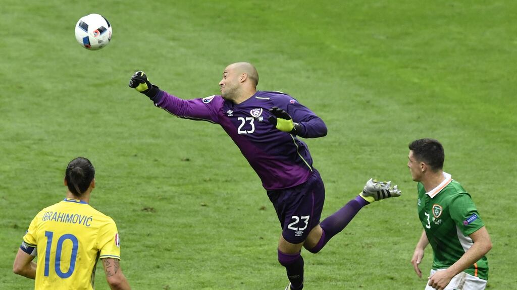 Ireland’s goalkeeper Darren Randolph jumps for the ball during the Euro 2016 group E football match between Ireland and Sweden at the Stade de France stadium in Saint-Denis on June 13, 2016. / AFP PHOTO / PHILIPPE LOPEZPHILIPPE LOPEZ/AFP/Getty Images