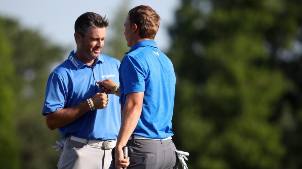 Jordan Spieth and Ryan Palmer on the 18th hole at TPC Louisiana on Thursday. Photograph:  Chris Graythen/Getty Images