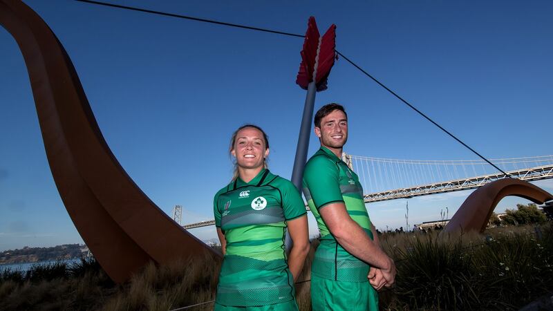 Ireland’s Ashleigh Baxter and Billy Dardis at the launch of the Rugby World Cup Sevens in San Francisco, California. Photograph: Billy Stickland/Inpho