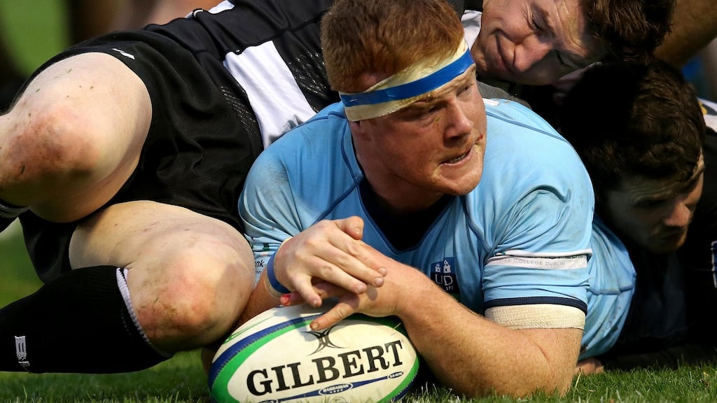 UCD’s Peadar Timmins scores his try in the second half. Photo: Ryan Byrne/Inpho
