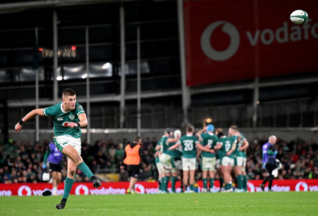 Sam Prendergast kicks a conversion during the Autumn Nations Series 2024 match against Fiji last weekend. Photograph: Charles McQuillan/Getty Images