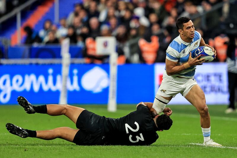 Matías Moroni of Argentina is tackled by New Zealand's Anton Lienert-Brown in the 2023 Rugby World Cup semi-final in Paris. Photograph: Dan Sheridan/INPHO
