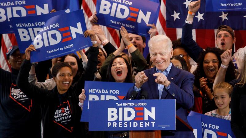 US Democratic presidential candidate, former vice president Joe Biden addresses supporters during his Nevada post-caucus rally in Las Vegas. Photograph: Eugene Garcia/EPA.