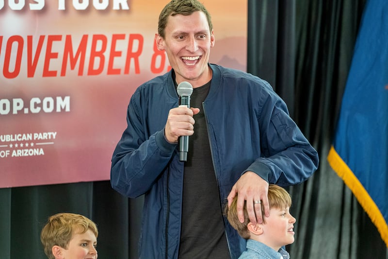 Republican candidate for US senate Blake Masters speaks to supporters at Dream City Church in Phoenix, Arizona on November 7th. Photograph: Ash Ponders/The New York Times