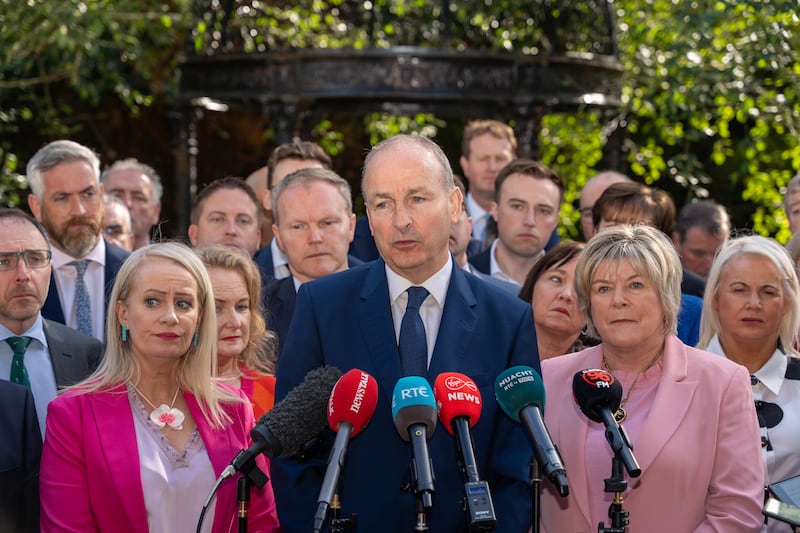 Taoiseach Micheál Martin addresses journalists outside Fianna Fáil's think-in at the Rochestown Park Hotel in Co Cork. Photograph: Noel Sweeney/PA Wire