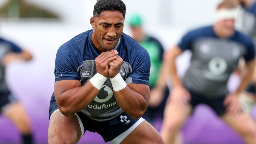 Ireland’s Bundee Aki in training in Tokyo. The centre has started 20 of the team’s last 24 matches. Photograph: Dan Sheridan/Inpho