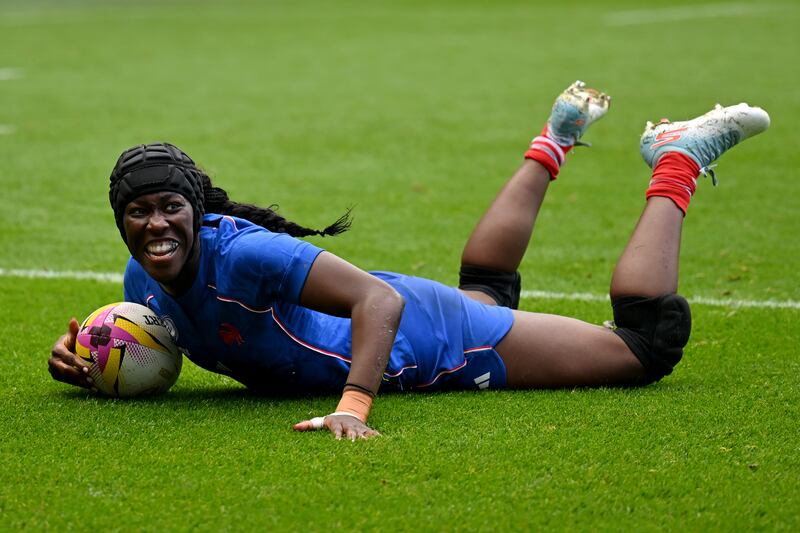Nassira Konde of France scores her team's first try during the Women's Rugby World Cup semi-final against England. Photograph: Dan Mullan/Getty Images