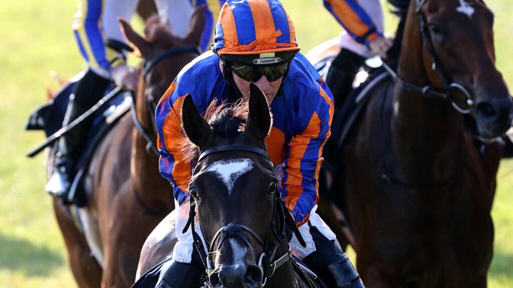 Seamus Heffernan on Peaceful comes home to win The Tattersalls Irish 1,000 Guineas. Photograph:  ©INPHO/Caroline Norris
