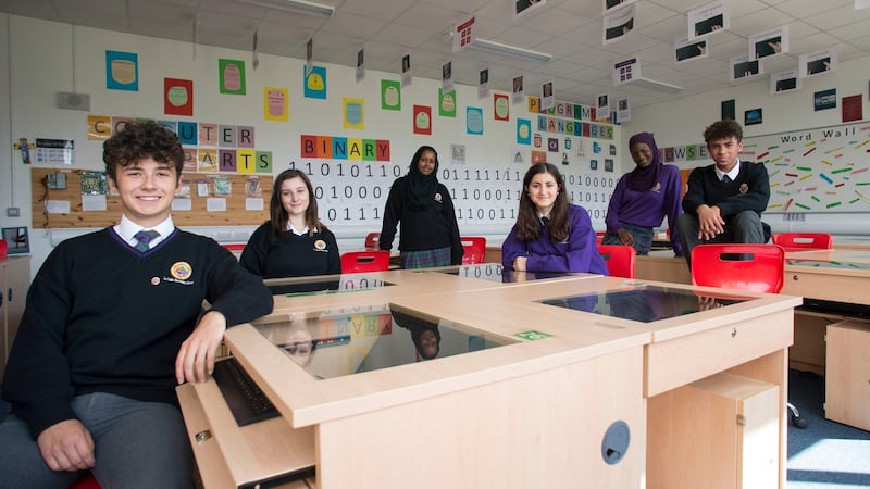 Pupils from Le Chéile Secondary School in Tyrrelstown. From left: Stephen Balaneasa; Michaela Solinas; Ayaan Suleiman; Leen Alazhari; Bintou Sylla; Philip Pauliy. Photograph: Dave Meehan