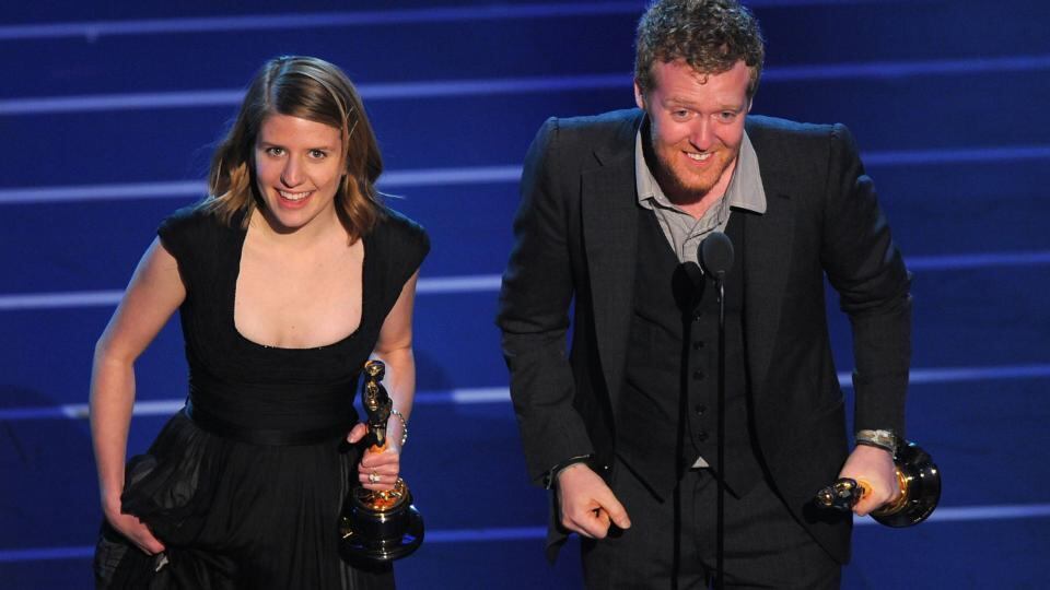 Winners: Markéta Irglová and Glen Hansard onstage after winning Oscars for their song Falling Slowly, in 2008. Photograph: Michael Caulfield/WireImage/Getty