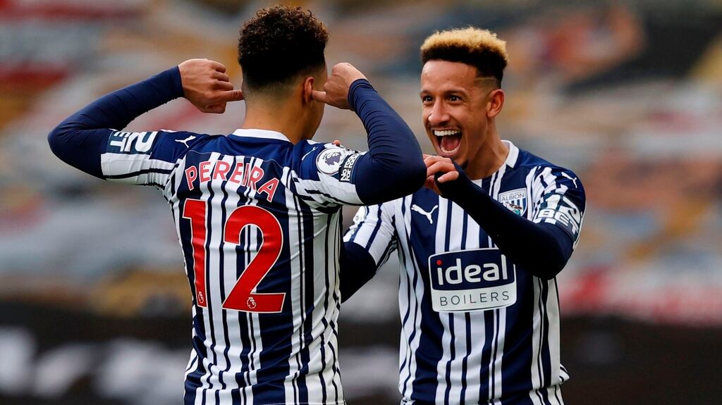 Matheus Pereira celebrates scoring West Brom’s winner with Callum Robinson. Photograph: Adrian Dennis/Getty/AFP
