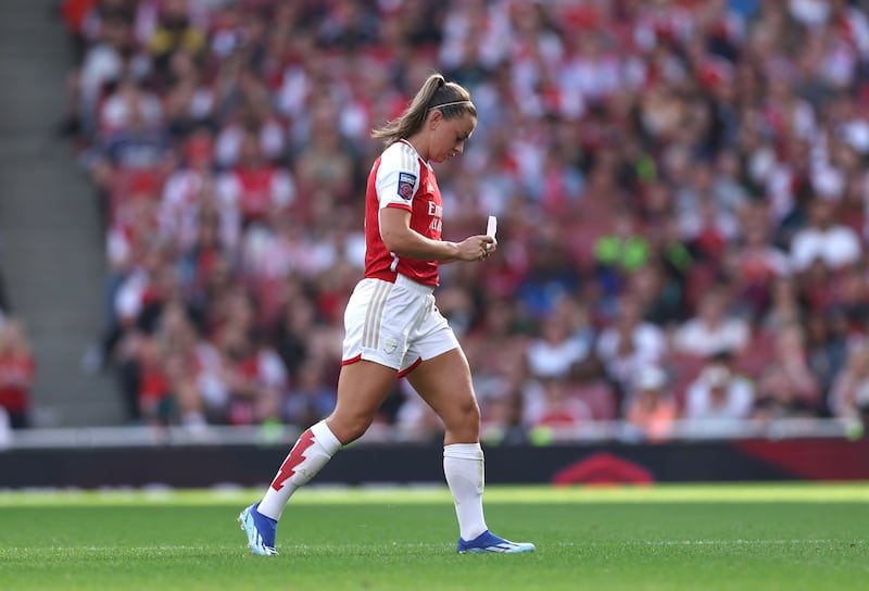 Arsenal's Katie McCabe reads instructions from the bench during the Barclays Women's Super League match against Liverpool at Emirates Stadium, London. Photograph: Steven Paston/PA Wire