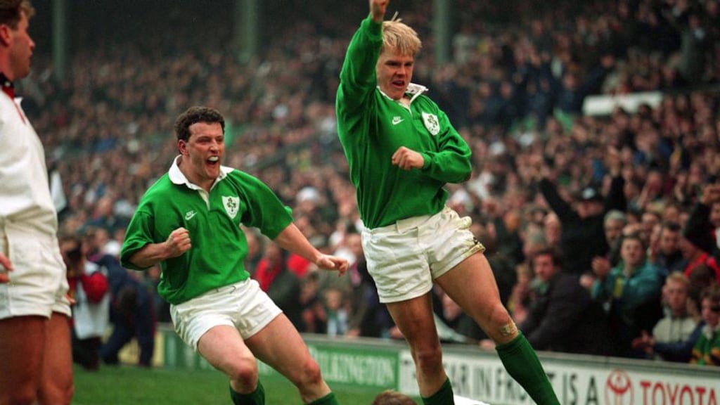 Ireland’s Simon Geoghegan scores a try against England at Twickenham in 1994 Photo: Billy Stickland/Inpho