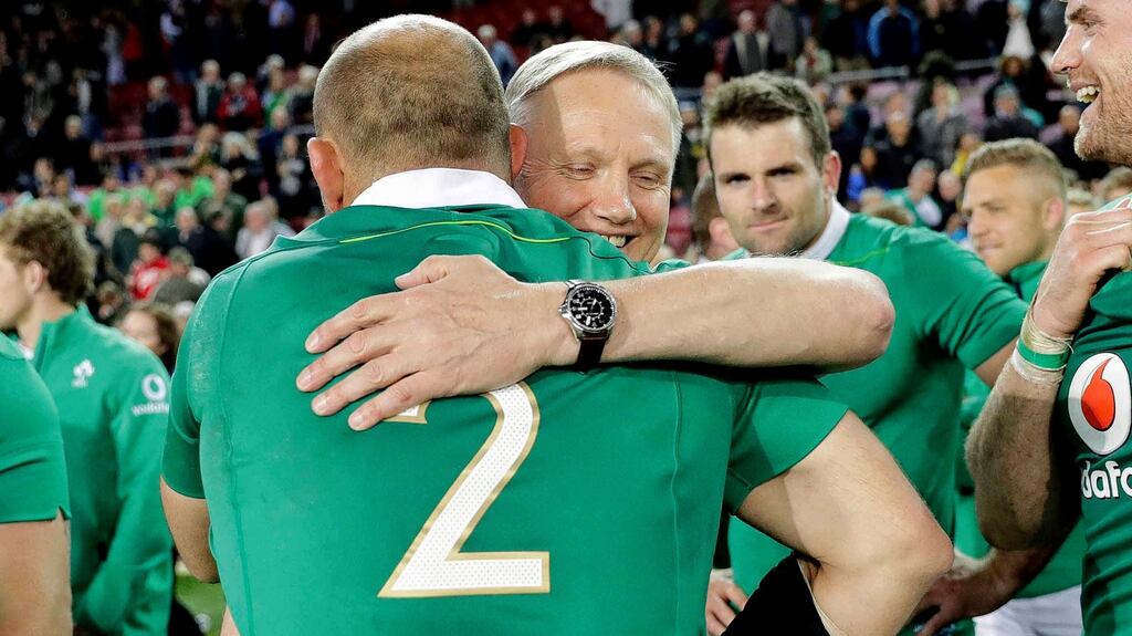 Ireland head coach Joe Schmidt celebrates with captain Rory Best after the victory over South Africa at Newlands Stadium in Cape Town. Photograph: Billy Stickland/Inpho
