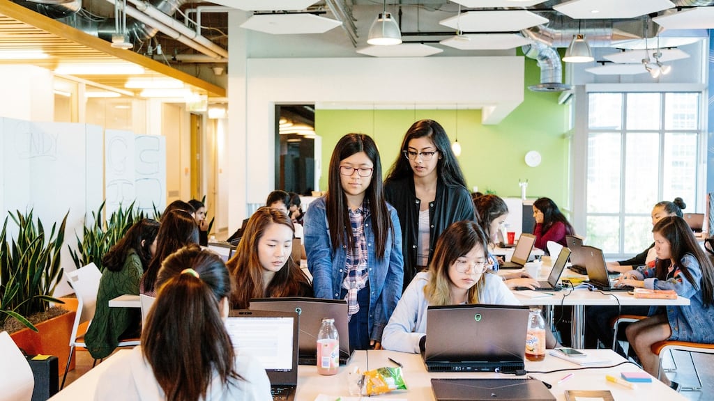 Young women at a coding camp at the GoDaddy offices in Sunnyvale, California Photograph: Jason Henry/The New York Times