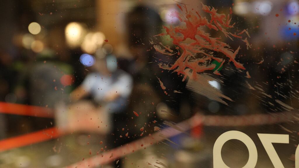View of a blood-splattered glass after alleged pro-Chinese supporter attacked a pro-democracy protester, during a rally against police brutality in Hong Kong, China. Photograph: Jerome Favre/EPA