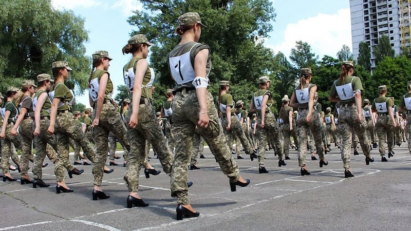 Ukrainian female soldiers wearing heels while taking part in the the military parade rehearsal in Kiev. Photograph: Ukrainian defence ministry press/AFP via Getty Images